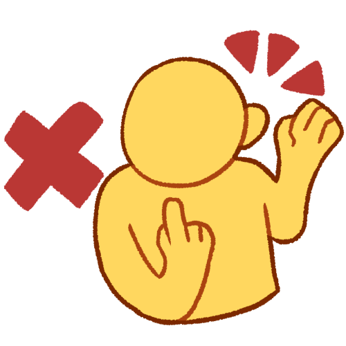 a drawing of a plain yellow person pointing to themself with their other hand by their ear. three red emphasis triangles are near their ear. to their left is a large red X.